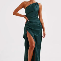 Vestido de gala satinado un hombro - Verde azulado oscuro