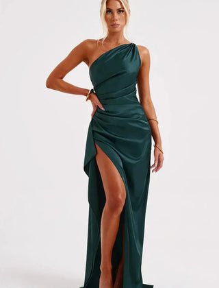 Vestido de gala satinado un hombro - Verde azulado oscuro