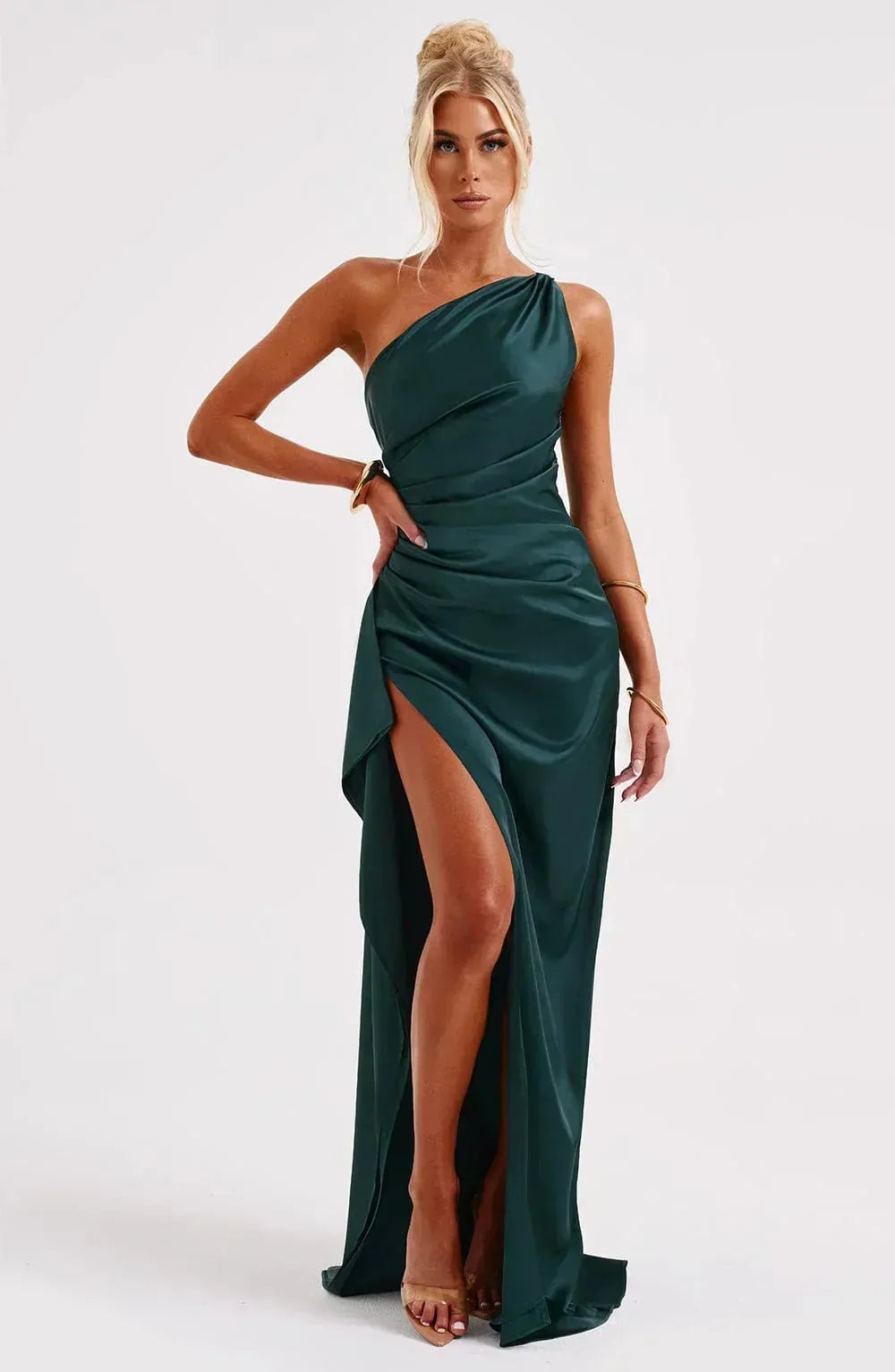 Vestido de gala satinado un hombro - Verde azulado oscuro