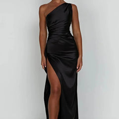 Vestido de gala satinado un hombro - Negro
