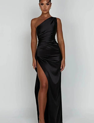 Vestido de gala satinado un hombro - Negro