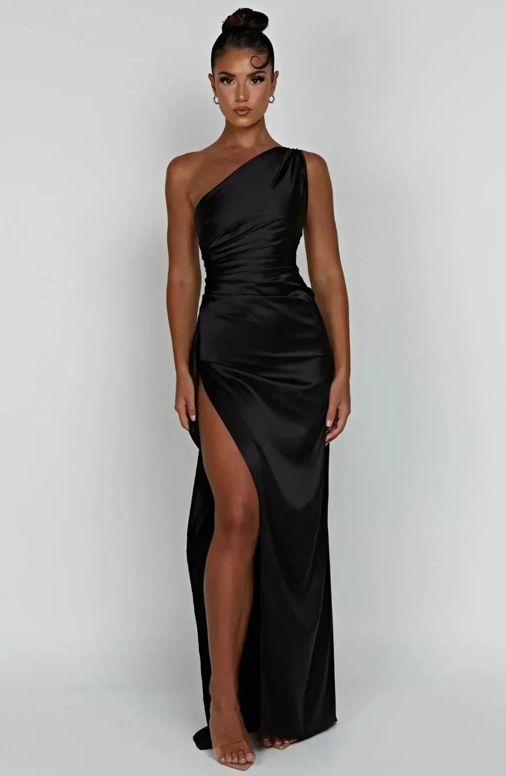Vestido de gala satinado un hombro - Negro