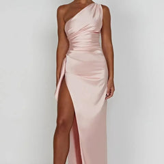 Vestido de gala satinado un hombro - Rosa