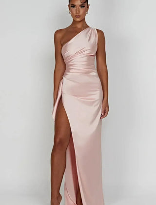 Vestido de gala satinado un hombro - Rosa