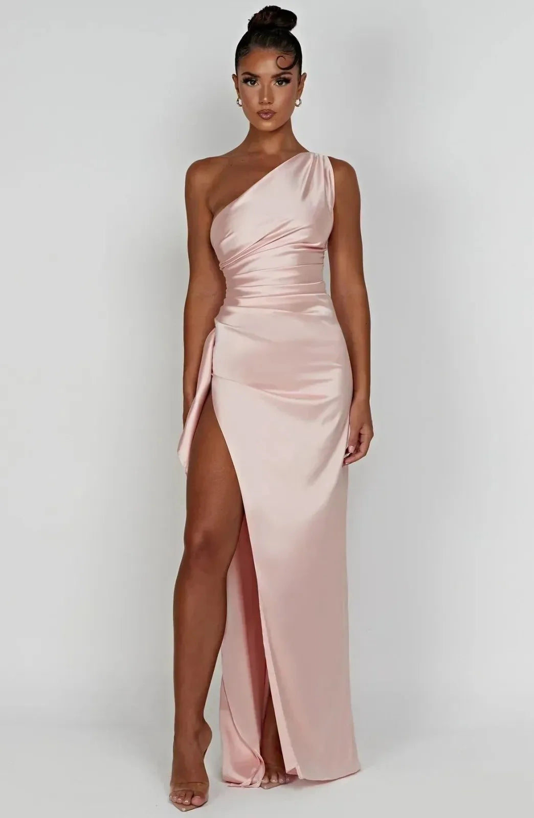 Vestido de gala satinado un hombro - Rosa
