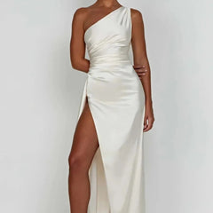 Vestido de gala satinado un hombro - Blanco