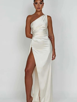 Vestido de gala satinado un hombro - Blanco