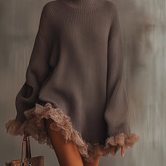 Vestido de Punto Cuello Alto con Volantes - Café