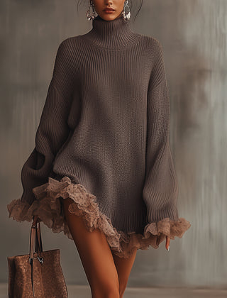 Vestido de Punto Cuello Alto con Volantes - Café