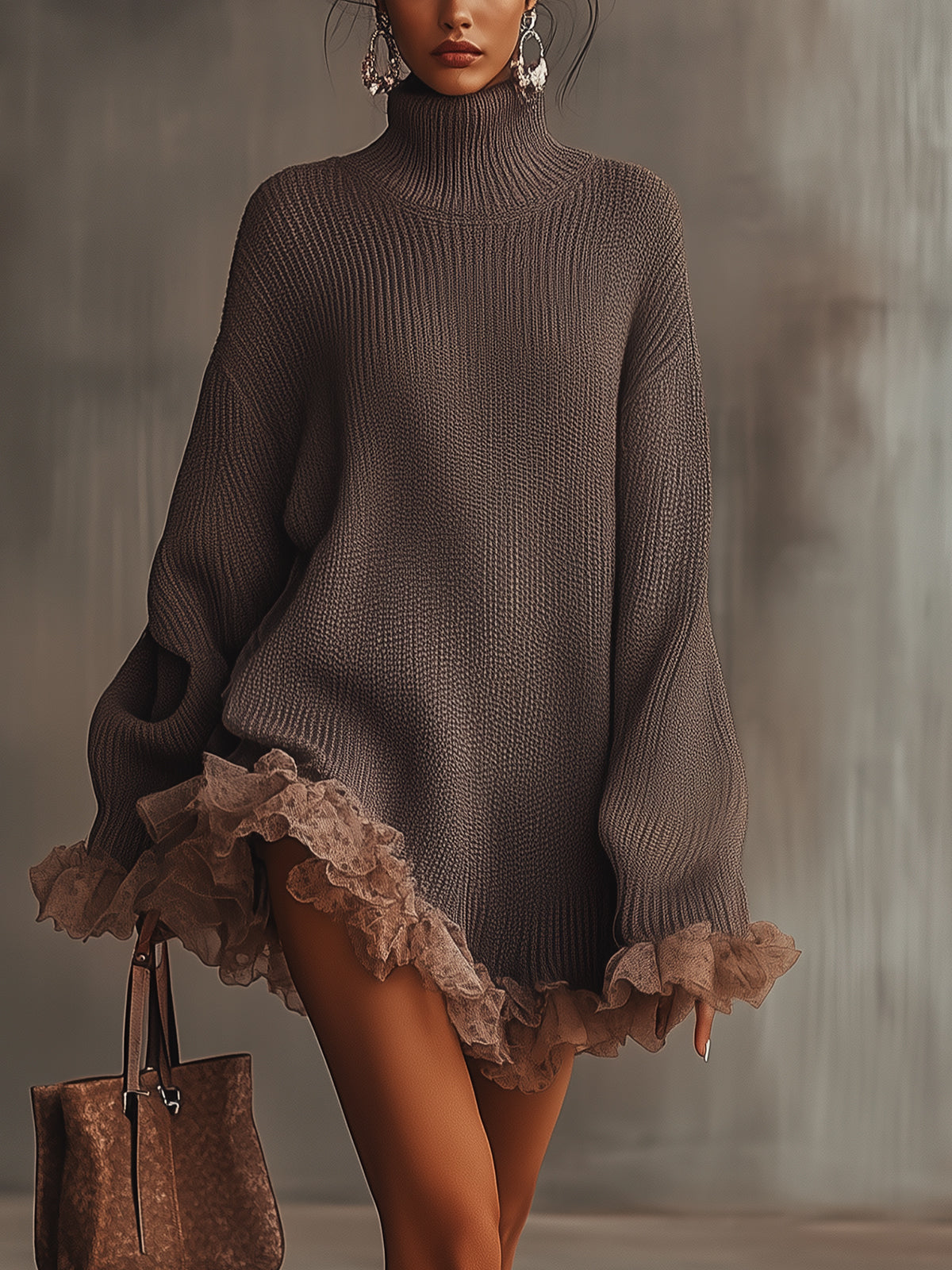Vestido de Punto Cuello Alto con Volantes - Café