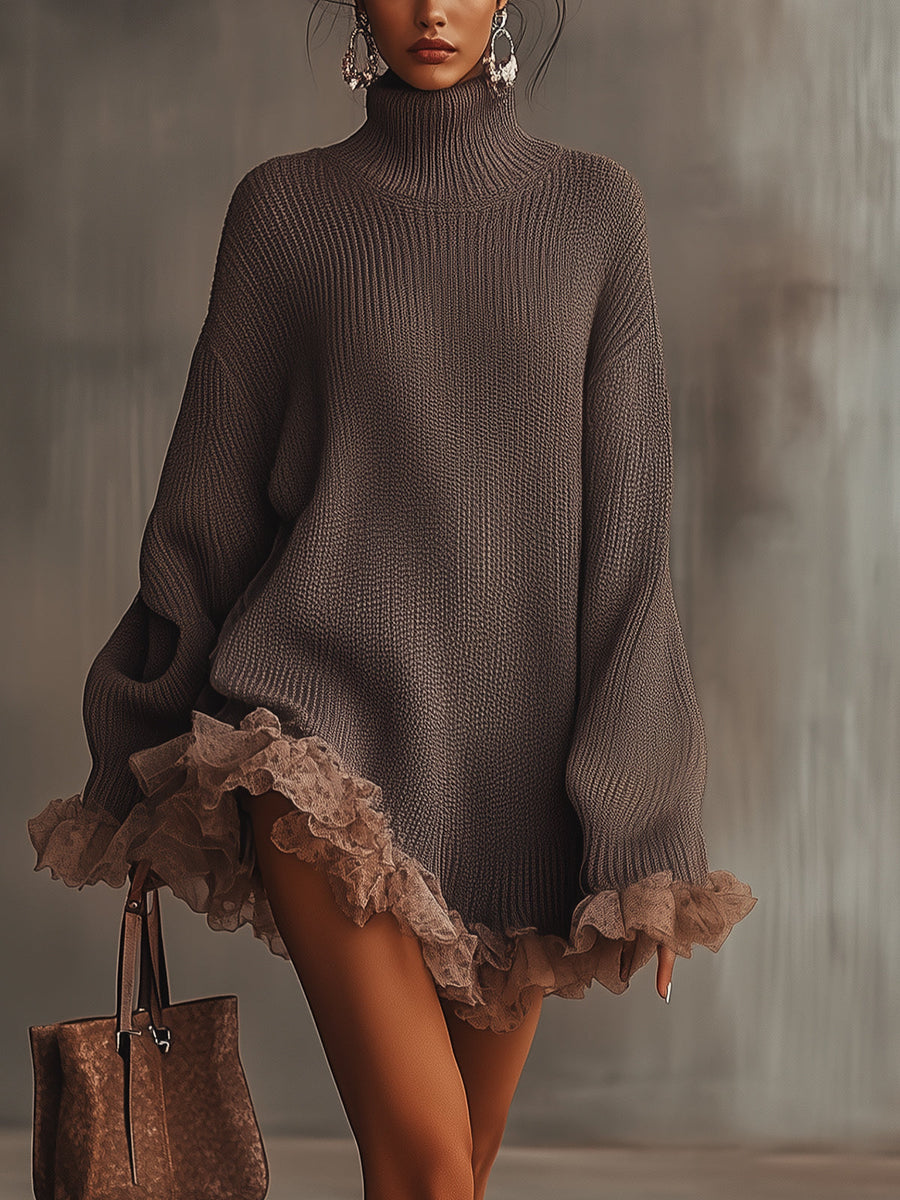 Vestido de Punto Cuello Alto con Volantes - Café