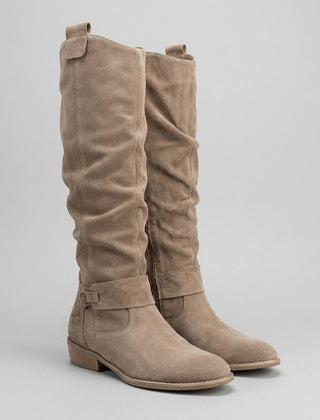 Botas Altas Mujer con Cierre Lateral y Tacón Bajo - Beige