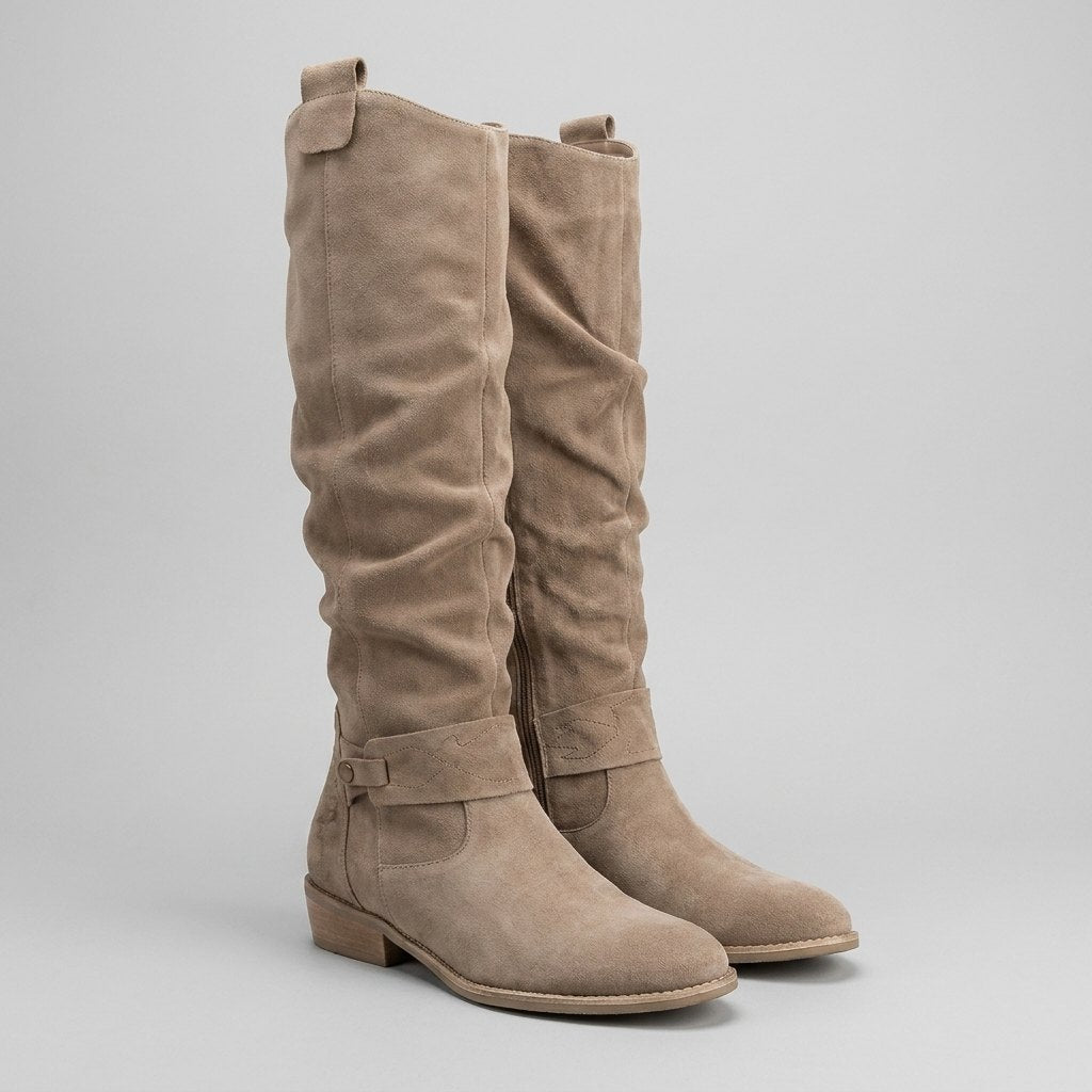 Botas Altas Mujer con Cierre Lateral y Tacón Bajo - Beige