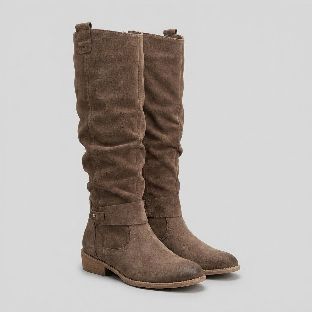 Botas Altas Mujer con Cierre Lateral y Tacón Bajo - Café