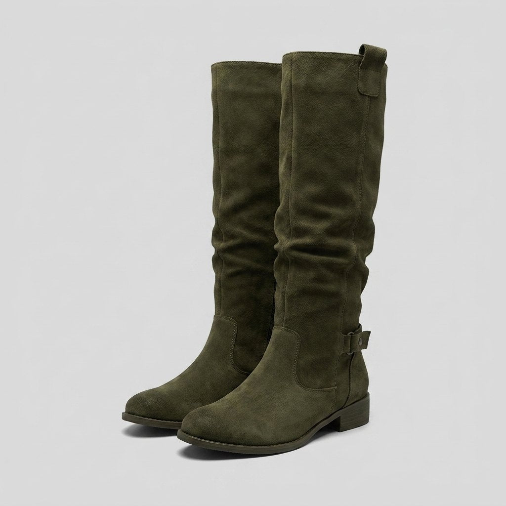 Botas Altas Mujer con Cierre Lateral y Tacón Bajo - Verde oscuro